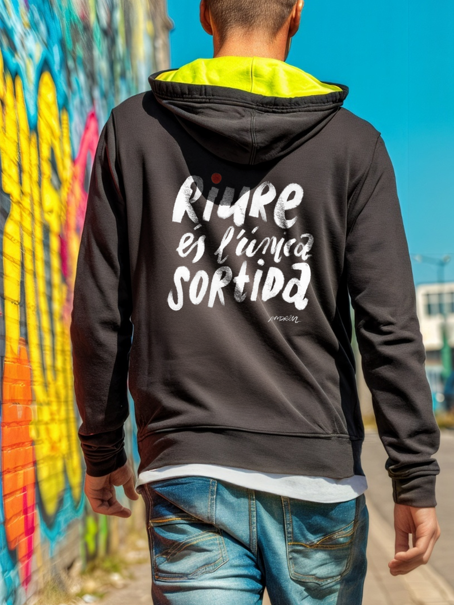 Dessuadora "Riure és l'unica sortida" amb cremallera i caputxa